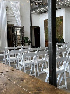 Old bank vault, chairs set up for weddings