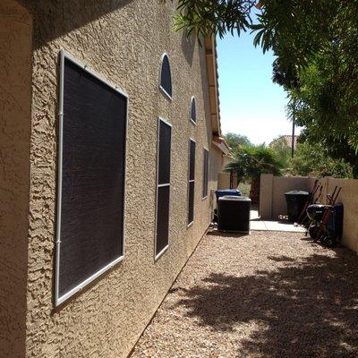 Custom-Fit Solar Sun Screens with Almond Frame and Brown Textilene #SolarScreens #SolarSunScreens #WindowScreens #Mesa