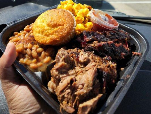 Brisket with smokey baked beans and Mac and cheese