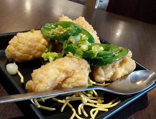 Salted Calamari.  It's ~$8.00.  Big Chunks That Would Be Better Served As Small Rings.