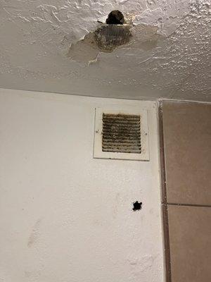 Hole where towel rack was and the hole in ceiling leaking crap and water