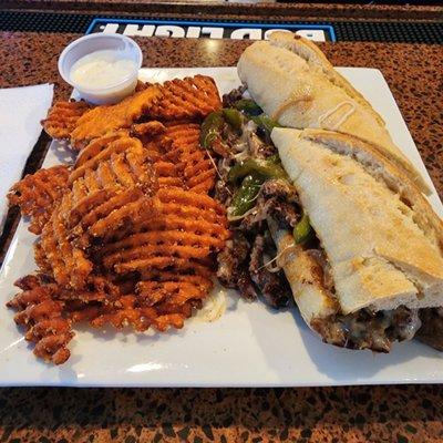 Philly Cheese Steak Special with Sweet Potato Waffle Fries