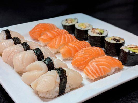 Homemade sushi using hokkaido scallops and sake (salmon - saku selection) sourced from Kai Gourmet!