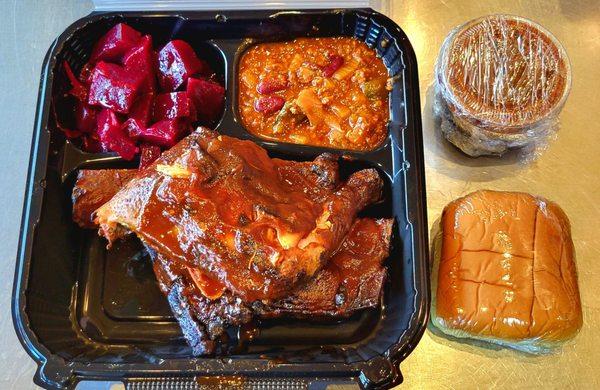 Chicken and Rib Platter with beets, chili, a cup of original sauce, and potato roll.