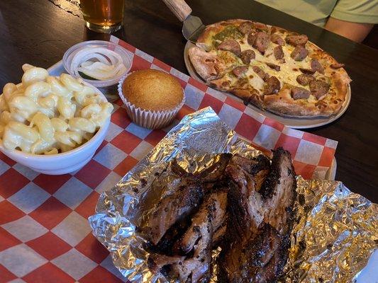 Brisket w Mac n Cheese (front) plus a BYO pizza with pesto and sausage (back)