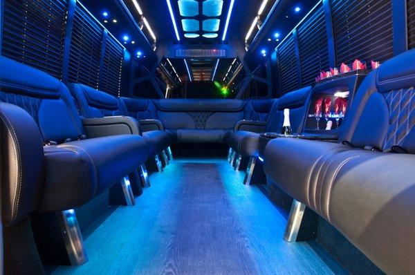 Interior of our NEWEST member of the Fleet!! 2017 Ford LimoBus for up to 22 Passengers!!