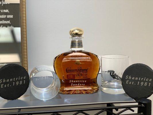 Custom etched glasses, coasters, and spirit bottle