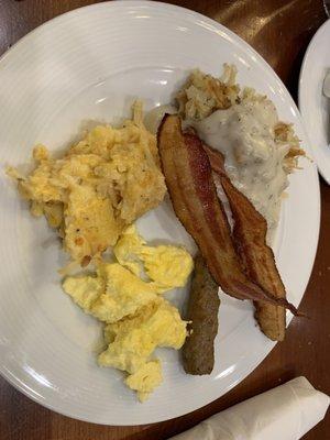 Hashbrown Casserole, Hashbrowns with gravy, eggs, bacon, sausage link