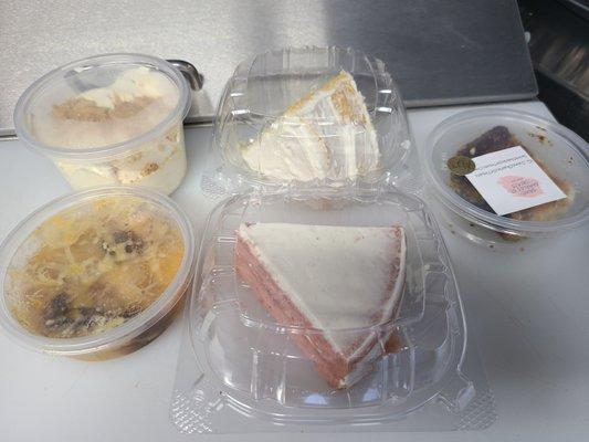 Banana pudding, peach cobbler, lemon cake, strawberry cake and ooey goey cake