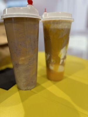 Taro Tofu Pudding Milk and Milk Tea on the left. Mango Yogurt Tea on the right.