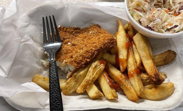 Fish, fries and coleslaw meal