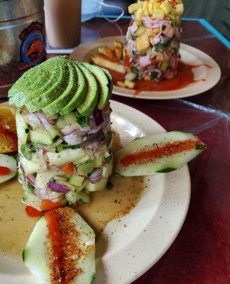 Beautiful plating showcases the piñaviche and aguachiles, washed down with a frosty horchata