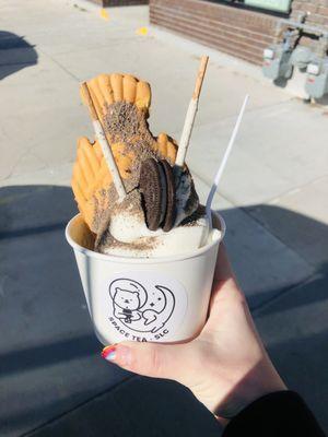 Taiyaki Vanilla Soft Serve with Cookies and Cream Topping and red bean filling for the fish.