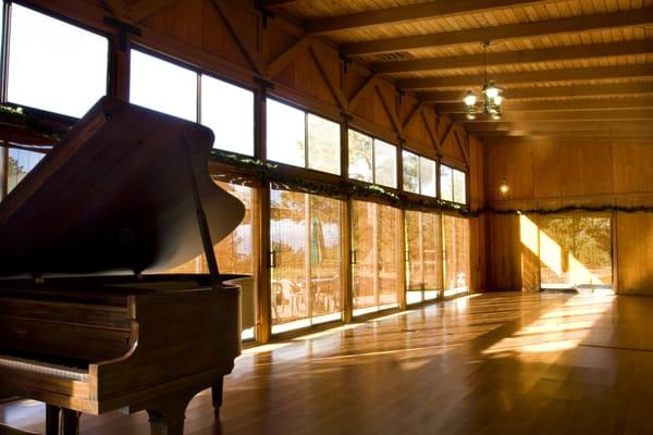 Inside the Lodge looking out the windows from the dance floor.