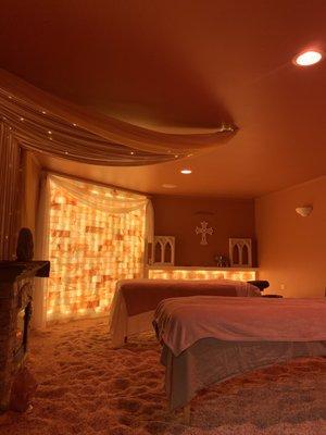 Couples massage set-up in the salt room