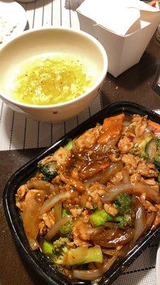 Egg drop soup and Mongolian Chicken dish.