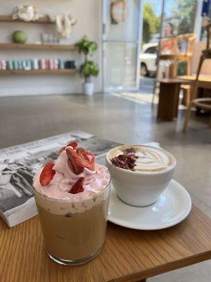 Strawberry sage latte and rose cardamom latte