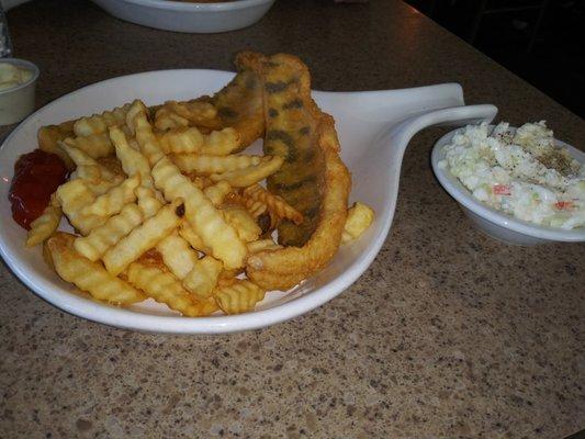 Perch& fries +slaw (extra $2).
 Total about $12.