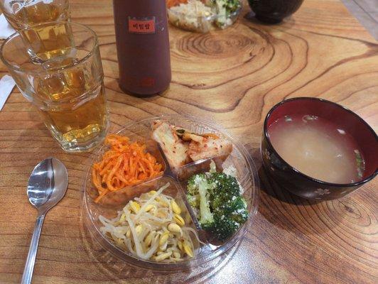 Side dishes, miso soup, and tea