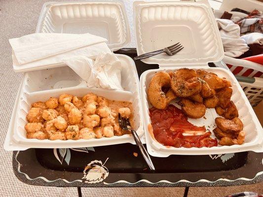 Gnocchi with lobster sauce & french fries with catsup.