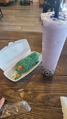 Our little fix before we run errands! Taro Bobba  Smoothie and a Blue Takis Korean Corn dog. So delicious!