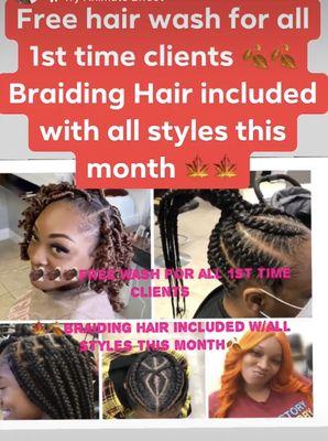 Free washing service for all first time clients braiding hair included for all braidstyles this month