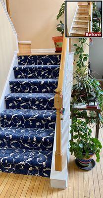 Staircase upgrade with a luxurious blue carpet