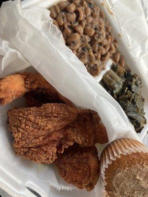 Turkey chops, black eye peas and greens.