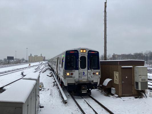 Babylon Bound M9 LIRR through the snow on a snowy day in Jamaica, NY