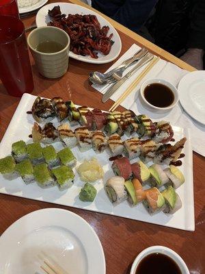 Tokyo roll, Rainbow roll, Monster roll, Wasabi roll and boneless spareribs.