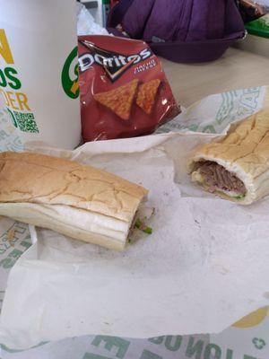 Thin  Footlong Philly Steak,  Doritoes, and Soda