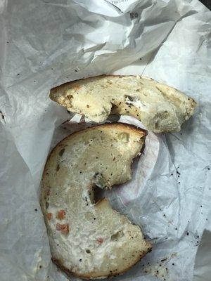 I'm a drive-thru customer about once a month here. Today 10 miles down the road. My empty everything bagel w/garden veggie cream cheese.