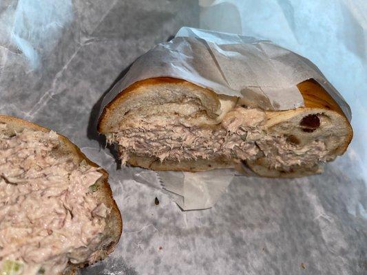 Tuna salad on cinnamon raisin bagel