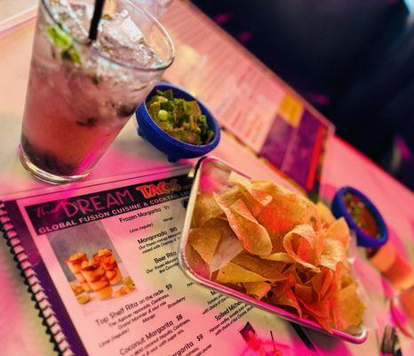 Blueberry Basil drink. Guacamole, Salsa and chips