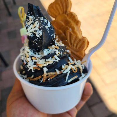 Black sesame soft serve, toasted coconut, mochi balls, and Nutella filled taiyaki. .