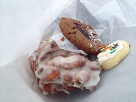 Goodies: apple fritter, frosted cookie, and molasses cookie