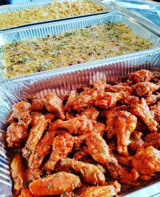 Wings, Loaded Potatoes, & Macc & Cheese.  A favorite catering package