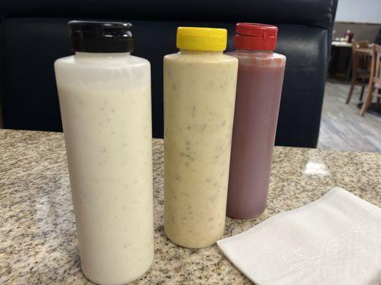 Ranch, tarter, and cocktail sauce