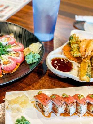 Cherry blossom (top left) tempura appetizer, Amazing tuna (bottom)