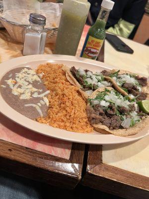 Steak Tacos Mexican style with Rice & Beans