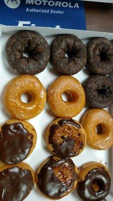 Chocolate glazed, regular glaze and Boston creme.