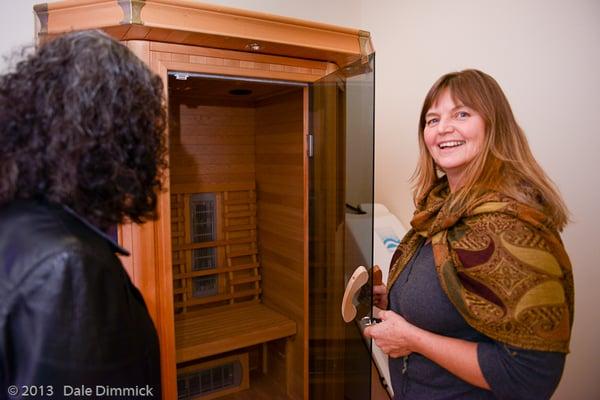 Dr. Sharon Woodard showing the infrared sauna in our hydrotherapy room.