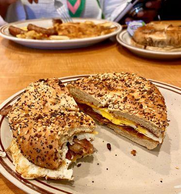 Bacon, egg and cheese sandwich on an everything bagel - WOW! Delicious & filling.