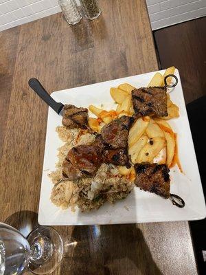 Steak Kabobs served with 2 sides.