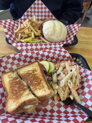 Italian melt with pasta salad Siracha burger