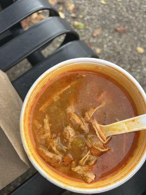 Chicken soup is packed with carrots, celery and tortilla pieces- soooo yummy for a cold day! This is the $5 cup size