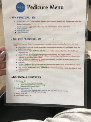 Pedicure menu