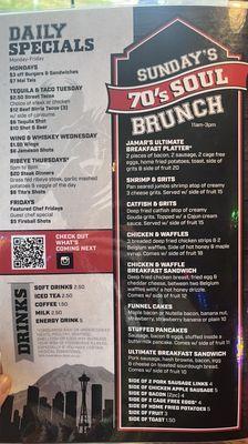 Daily specials and Sunday 70s Soul Brunch menu