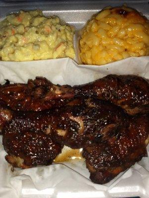 Jerk chicken, potato salad and Mac n cheese.