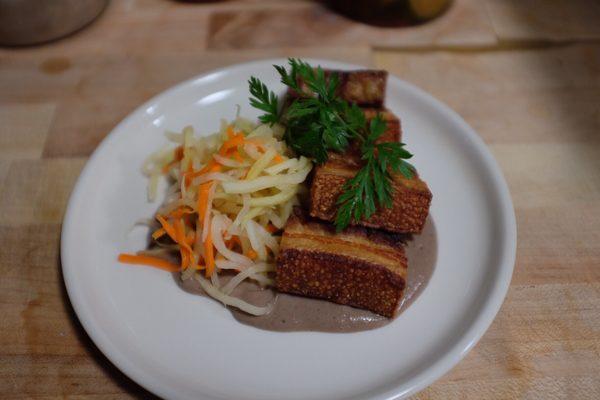 Lechon Kawali with house made Mang Thomas at their pop up at The Ramen Shop